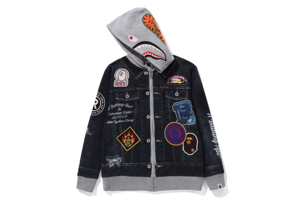 SHARK BAPE EMBLEM DENIM JACKET PRINT ZIP HOODIE | bape.com