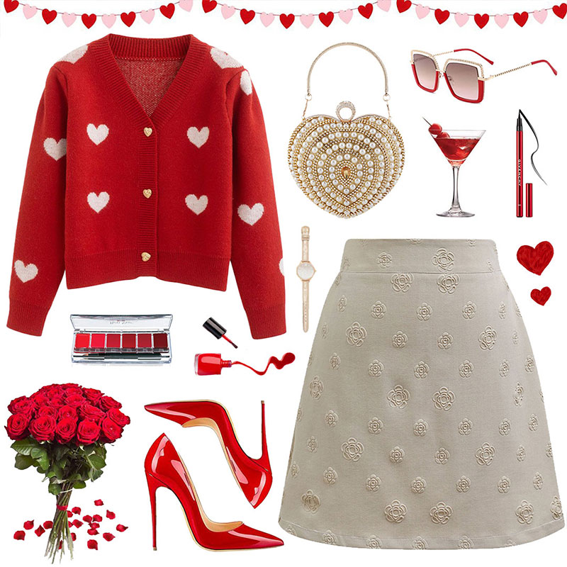 ハート柄ショート丈ニットカーディガン レッド - Boho Chic, Indie