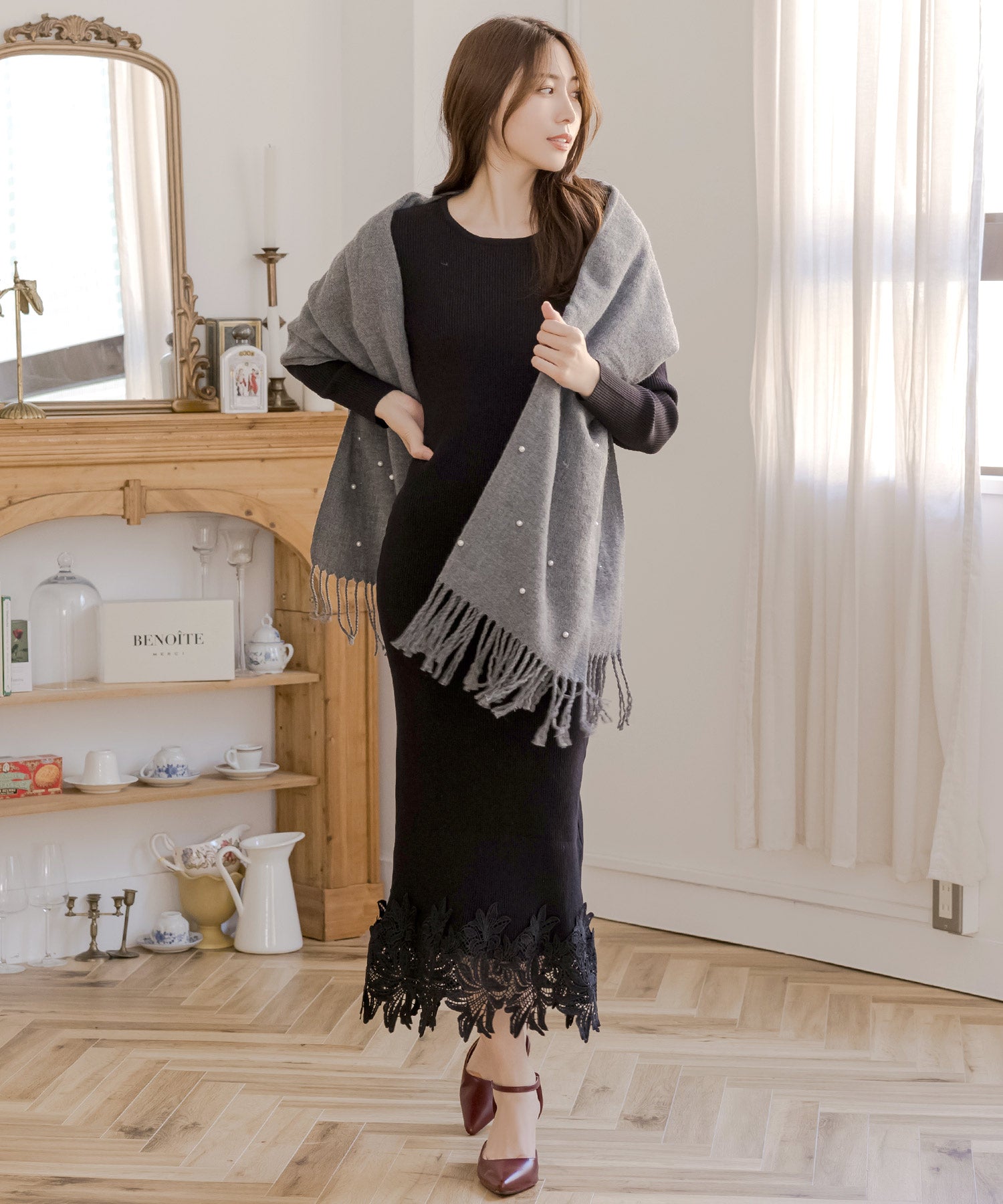 丈が選べる裾レースニットワンピース JB24568 | レディース