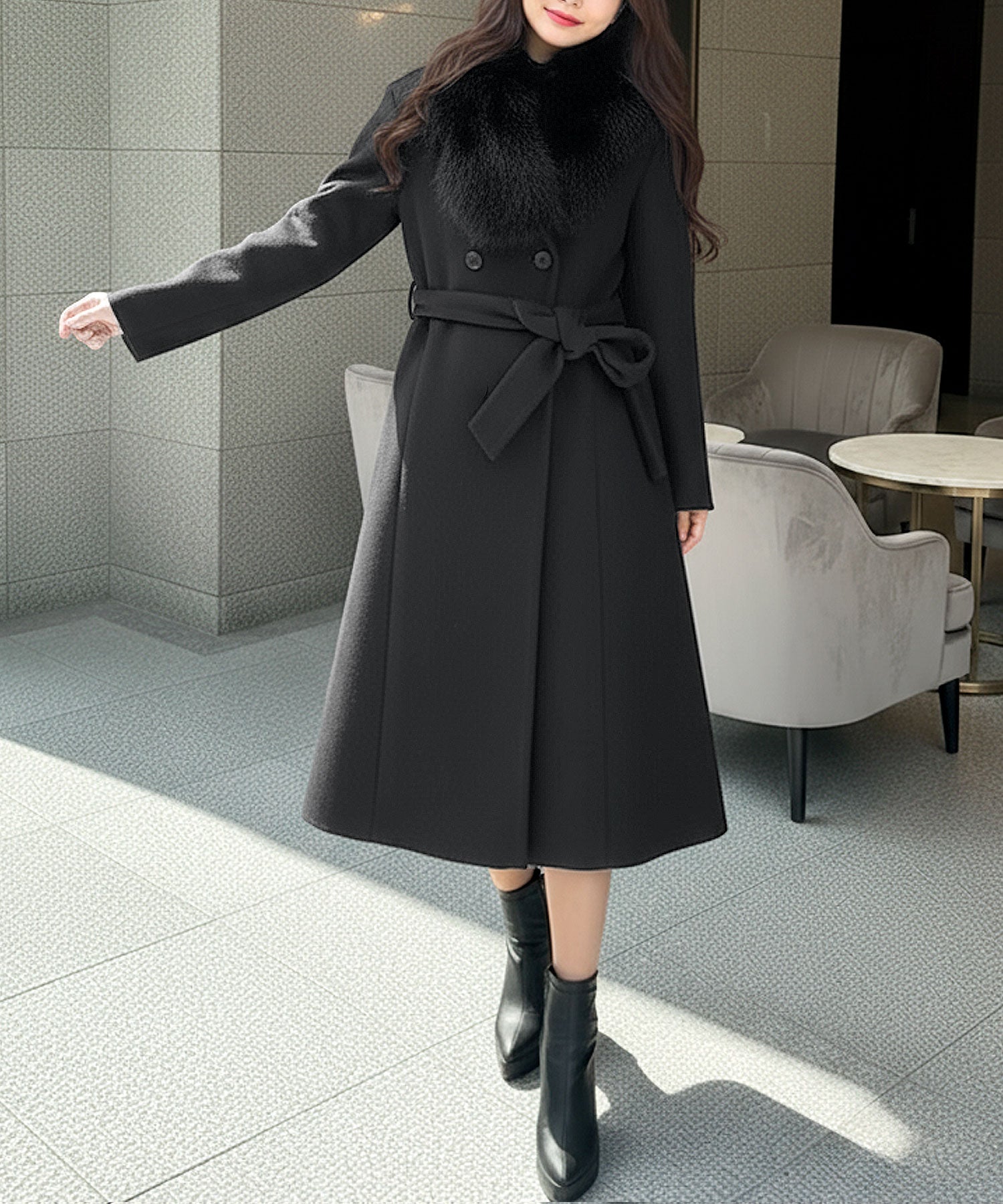 丈が選べるフェイクファーティペット付き美ラインコート JB22615