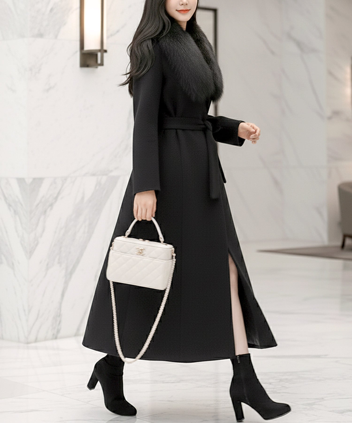 丈が選べるフェイクファーティペット付き美ラインコート JB22615