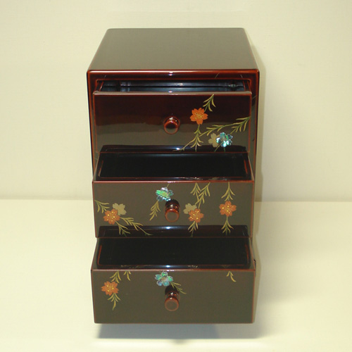 輪島塗 小箪笥 三段-しだれ桜の蒔絵仕上げ- [内外面ともタメ色] 螺鈿
