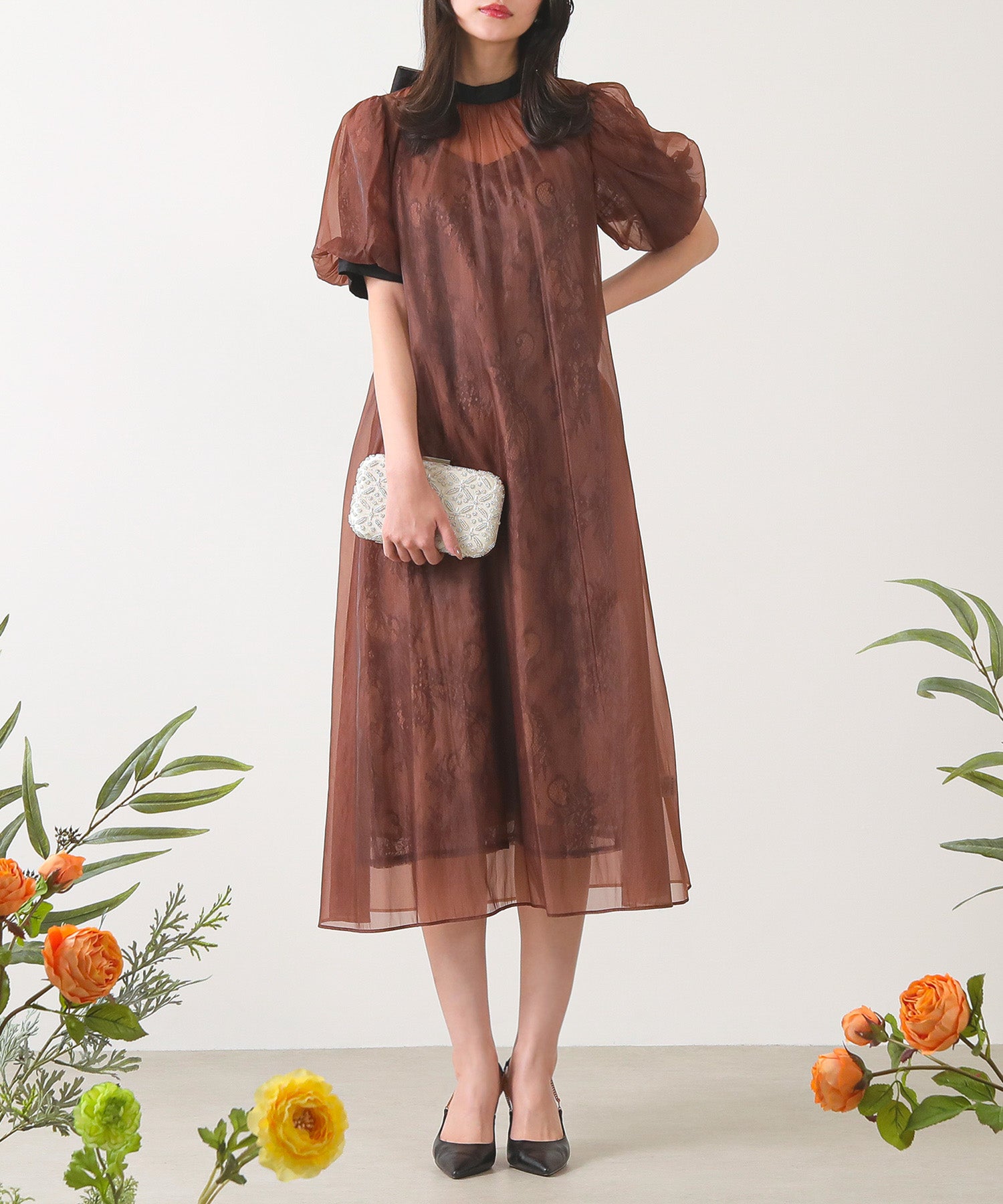 Aライン シアー オーバー ワンピース パーティードレス