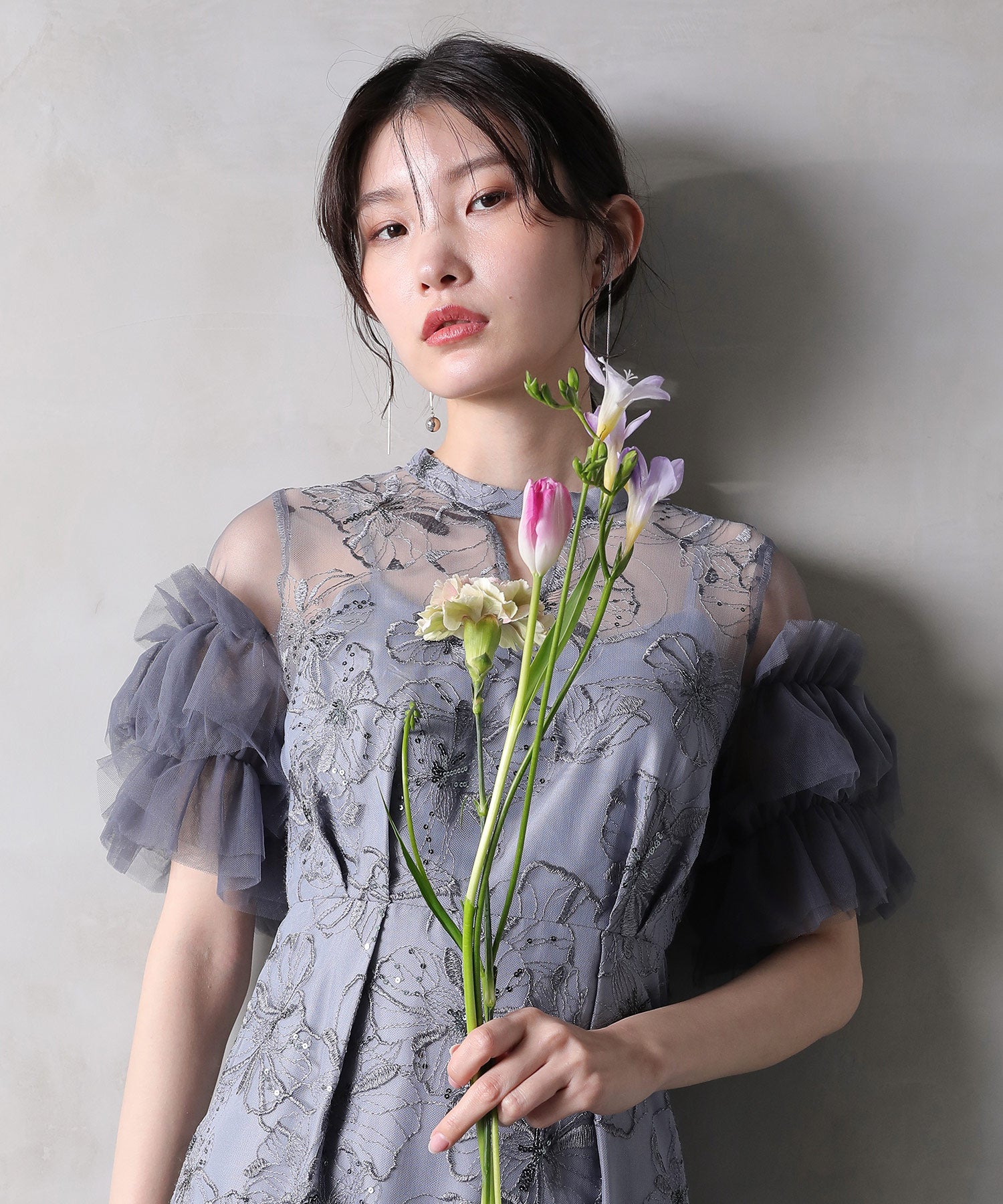 チュールフリルスリーブ スパンコール 刺繍レース パーティー ドレス