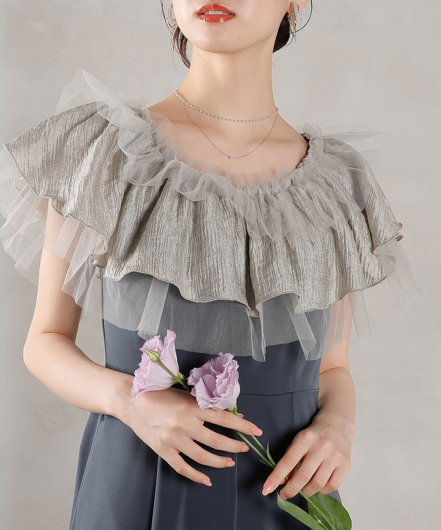 チュールフリル オフショル 2WAY パンツドレス