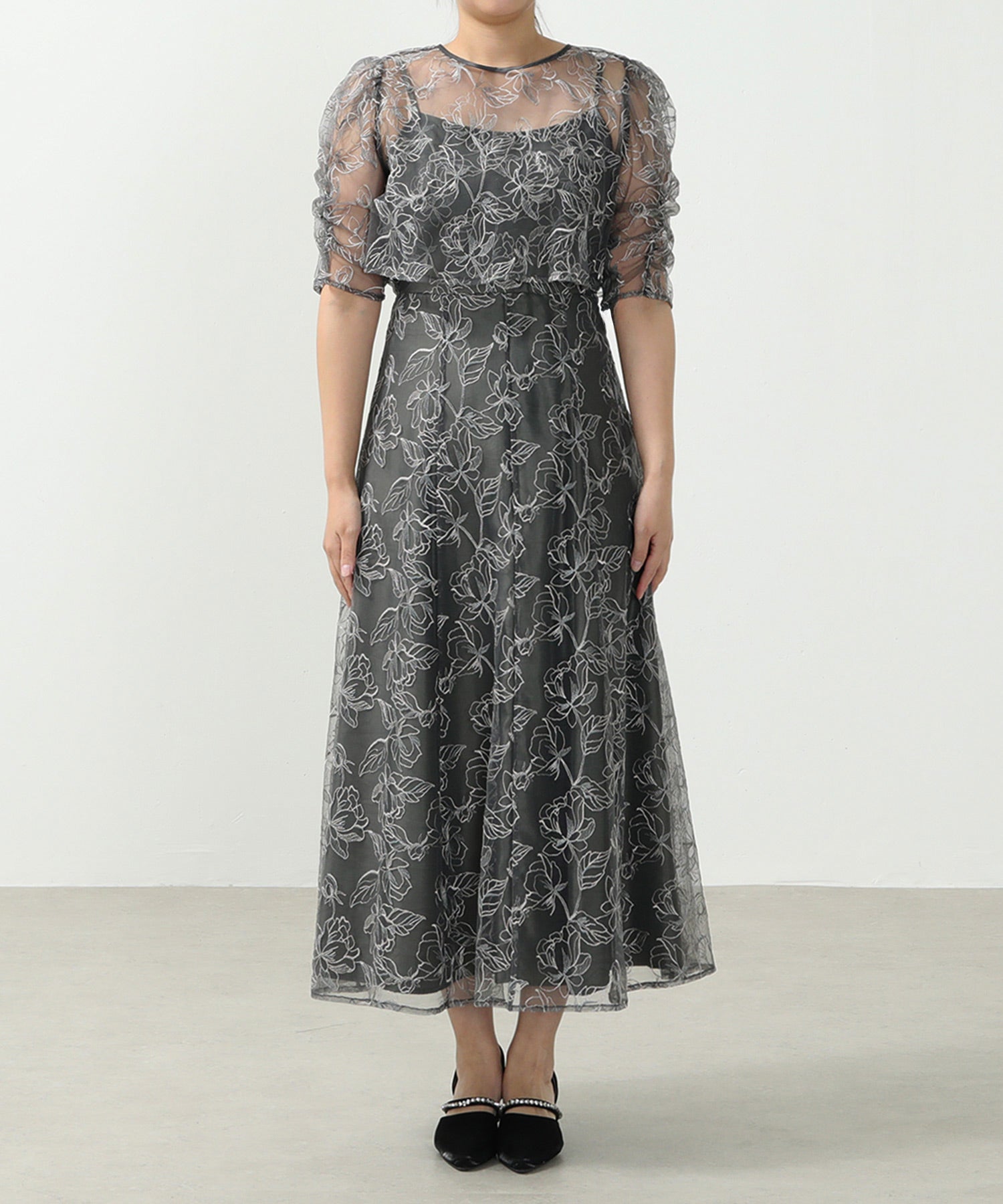 シャーリングスリーブ 総レース フェミニン パーティー ドレス