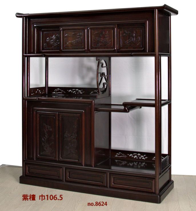 飾り棚: 紫檀 6枚戸彫入り 3.6尺棚 no.8624 (これから仕上品) / 唐木