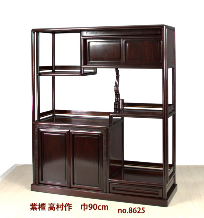 飾り棚: 紫檀 隅丸無地4枚戸3.5尺棚 高村作 大阪唐木指物 no.8625