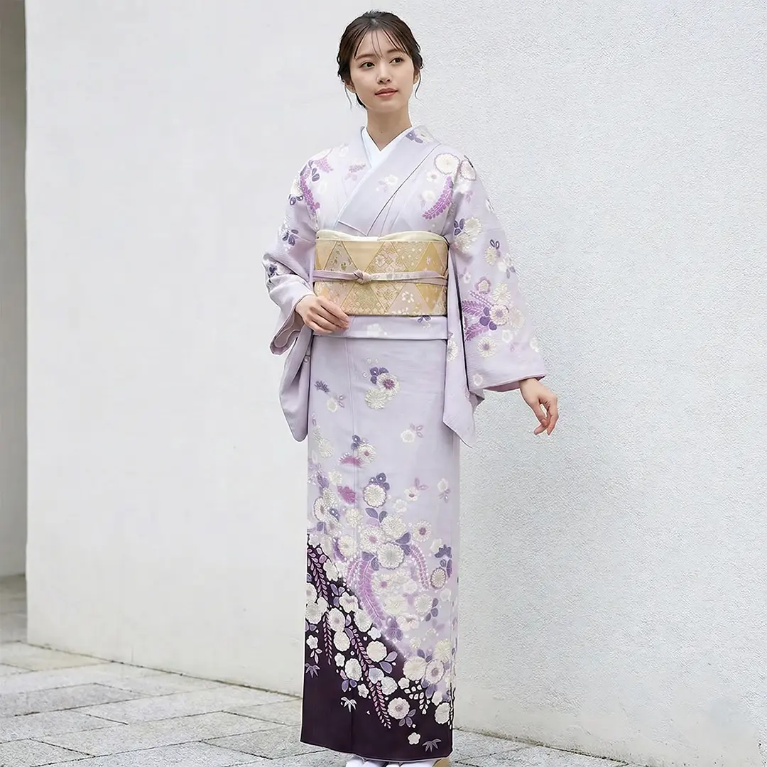 紫色に藤の訪問着(袷)（ポリエステル） | 宅配着物レンタルの京都かし