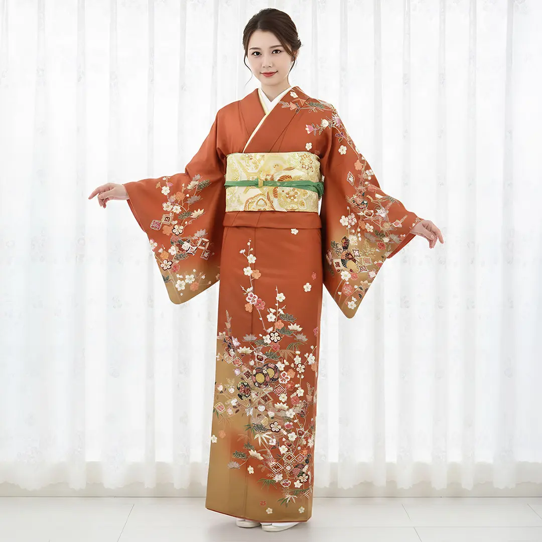 樺色（かばいろ）地に橘と吉祥文様の訪問着（袷）（ポリエステル