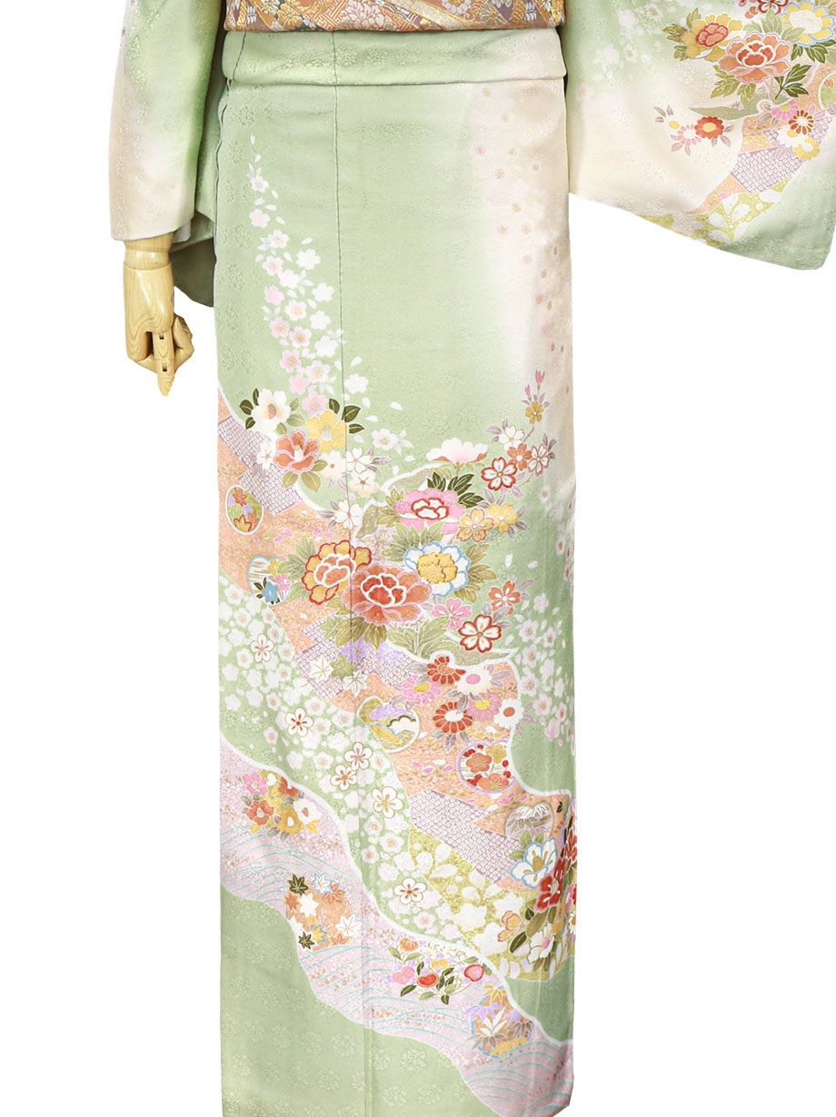 鶯色に四季花の訪問着(袷) | 宅配着物レンタルの京都かしきもの