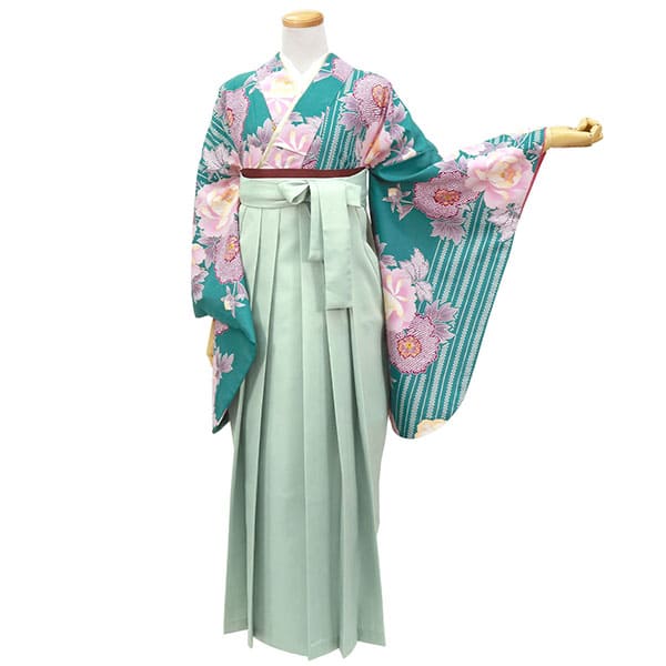 ターコイズに縞と牡丹・くすみグリーン袴（無地） （二尺袖）／卒業式