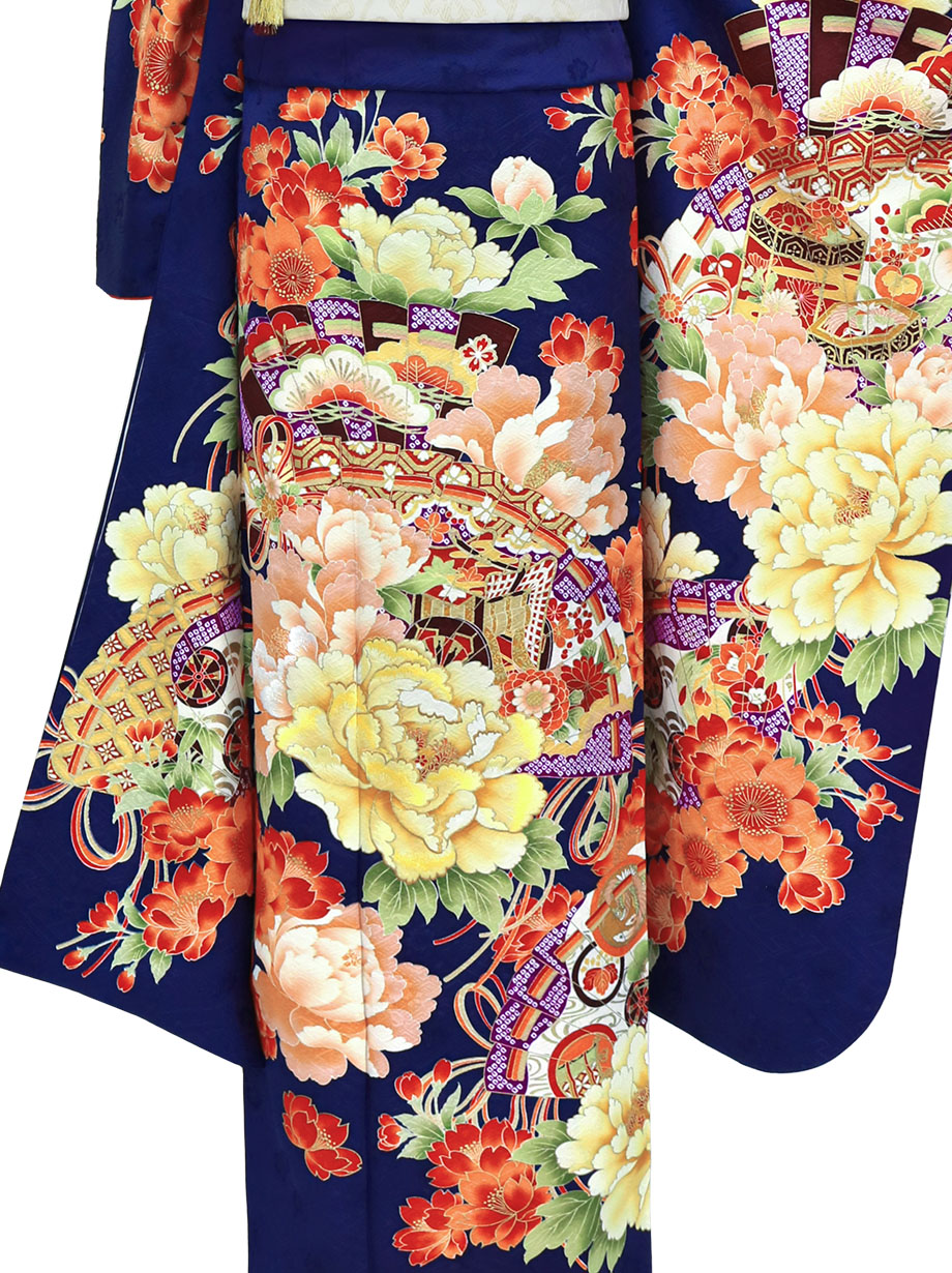 紺桔梗色に牡丹と檜扇文の振袖／トールサイズ | 宅配着物レンタルの