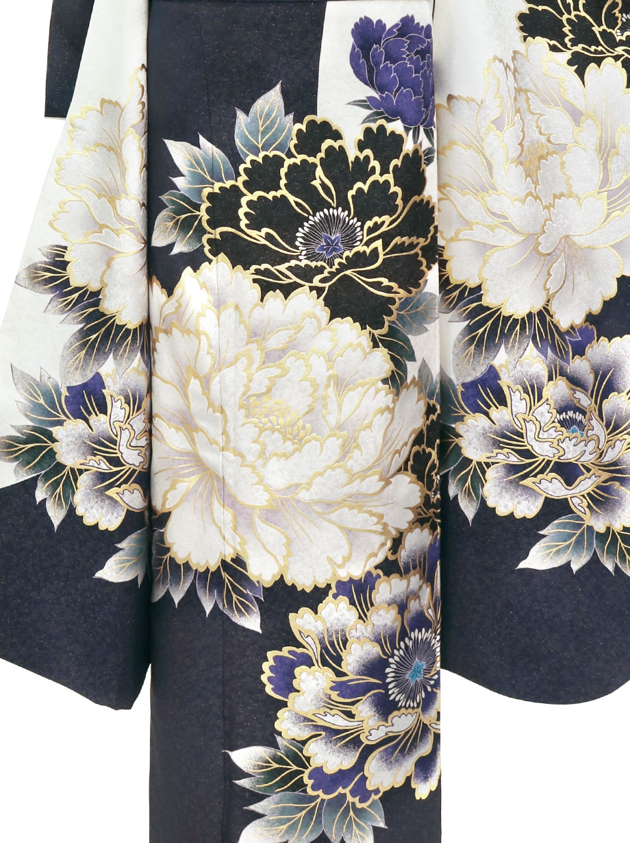 紺と白地に金糸の牡丹の振袖／標準サイズ | 宅配着物レンタルの京都か