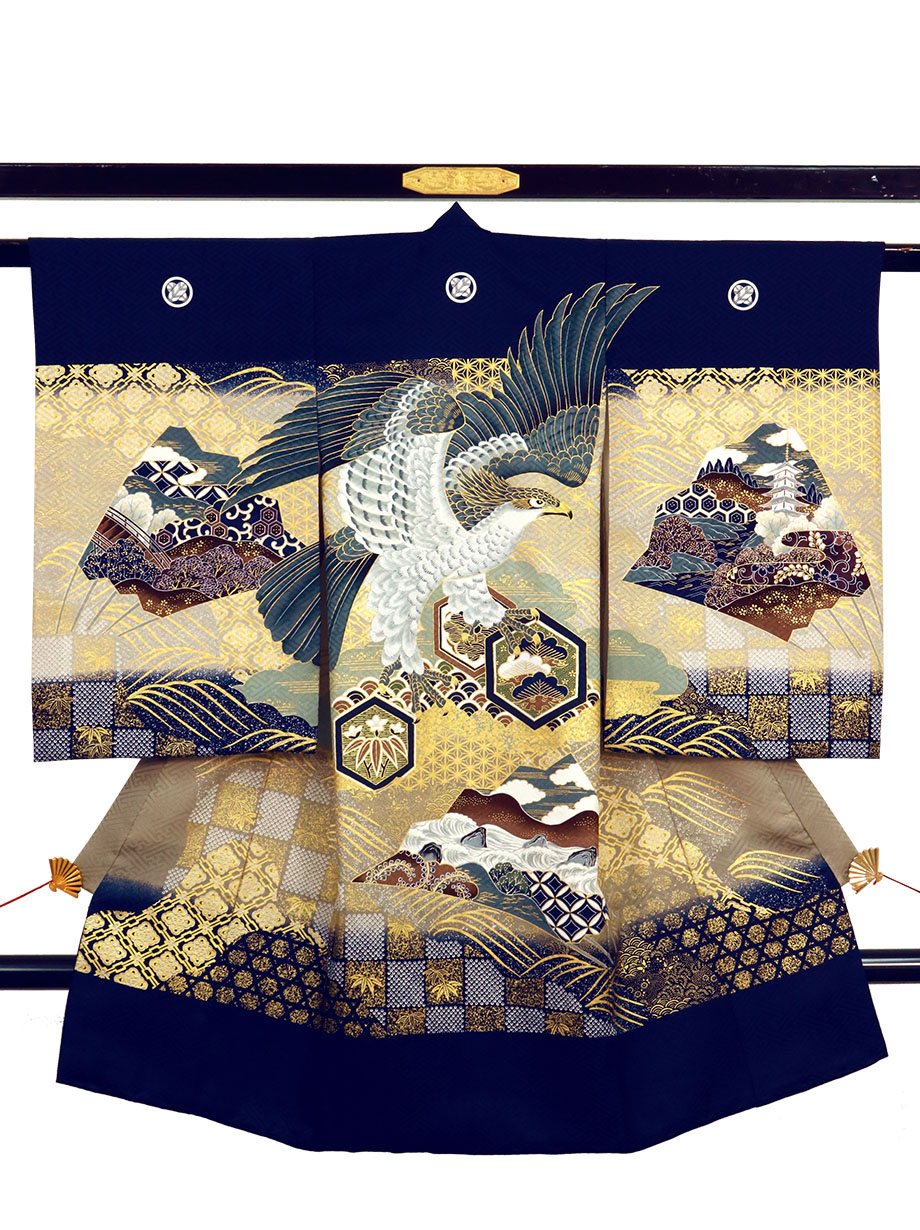 お宮参り産着レンタル／紺地に鷹と亀甲、波の祝い着／男児 | お宮参り