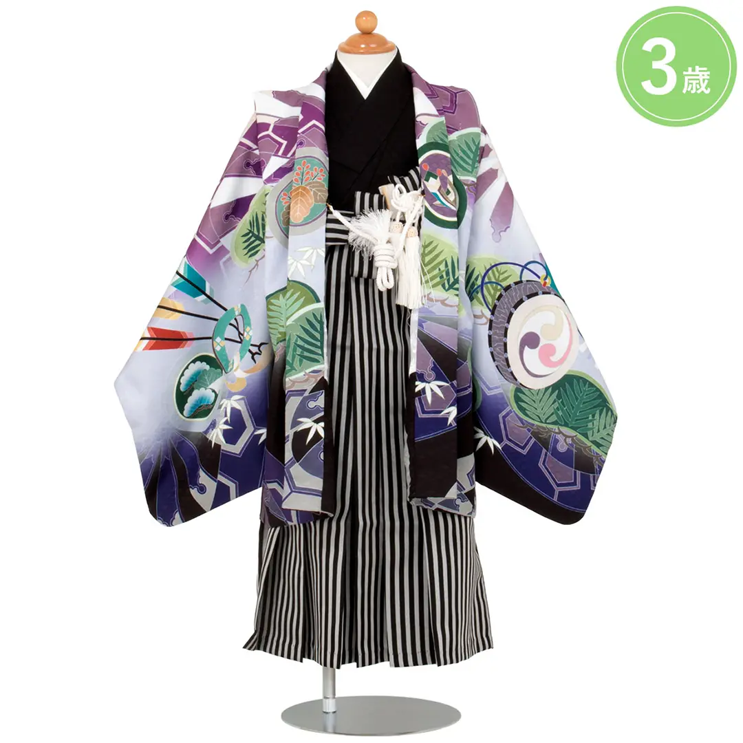 ピンクと紫に兜 黒縞の袴／七五三・三歳男の子・袴 | 宅配着物レンタル