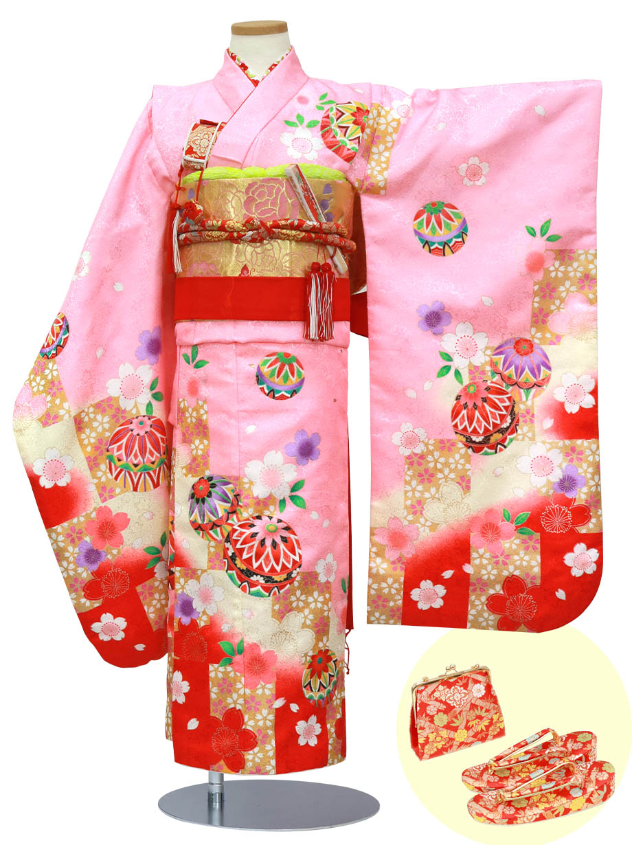 ピンク色に鞠と桜の着物／七五三・七歳女の子 | 宅配着物レンタルの