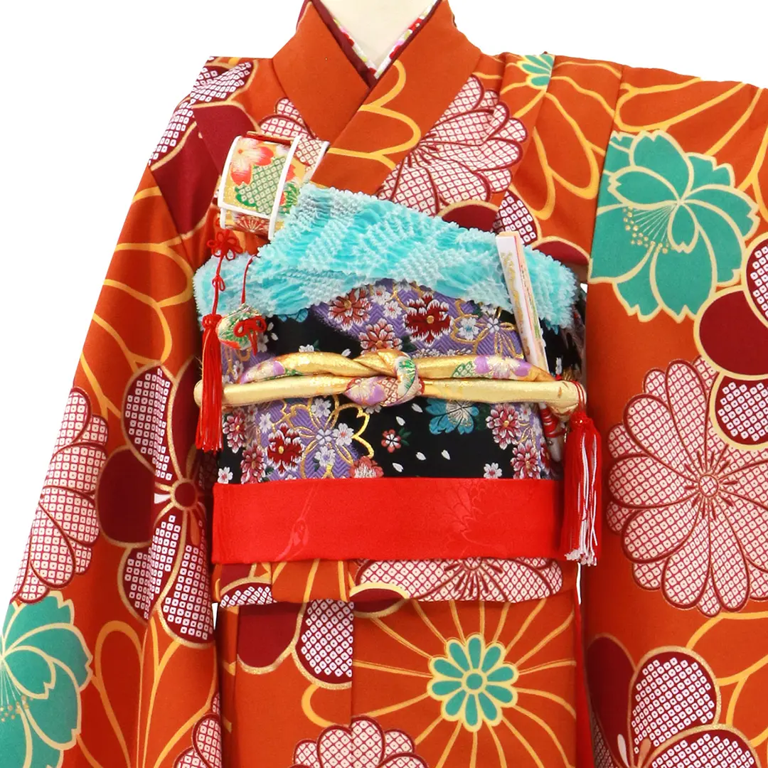 濃い橙色にレトロな臙脂のねじり梅の着物／七五三・七歳女の子 | 宅配