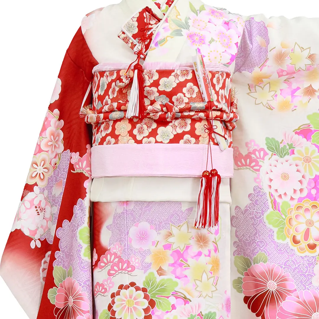 赤と白地に花丸文の着物（赤帯にピンク）／七五三・七歳女の子 | 宅配