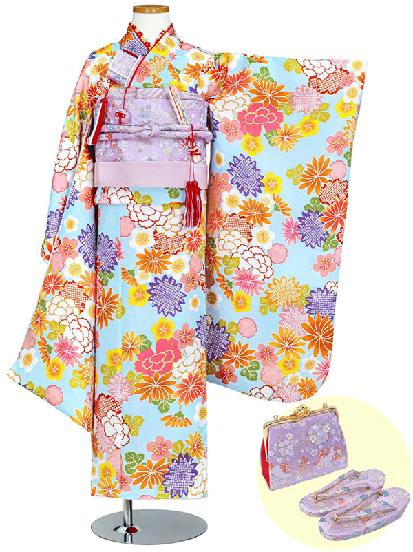 水色地に百花の着物（紫帯に紫）／七五三・七歳女の子 | 宅配着物