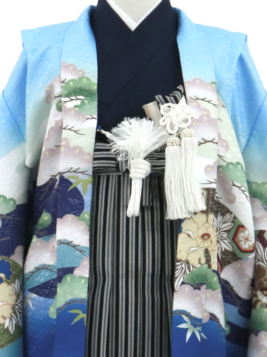 水色地に兜と扇、黒縞の袴／七五三・五歳男の子・袴 | 宅配着物