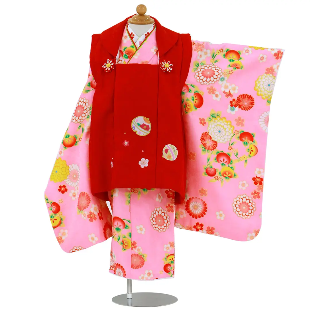 七五三着物レンタル／ピンク地に橘と花尽くしの赤の被布コートセット