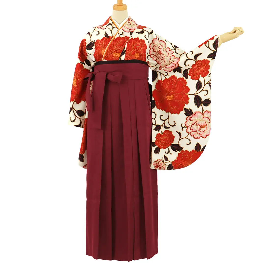 ≪ヒロミチナカノ≫白地に赤の牡丹・臙脂袴（無地） （二尺袖）／卒業