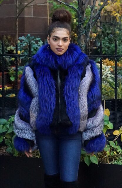 Royal Blue Fox Jacket Silver Fox Trim J3737 – MARC KAUFMAN FURS