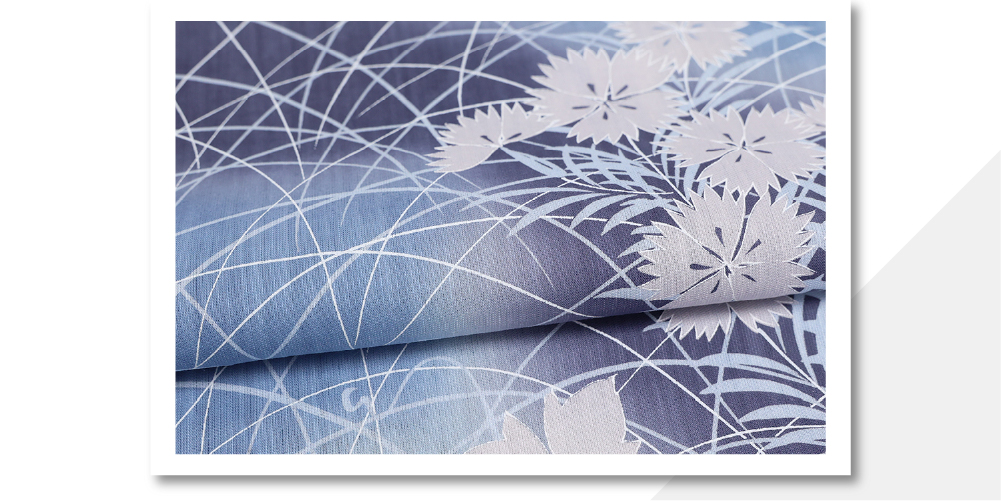 源氏物語 浴衣(ゆかた) 綿麻 注染 秋草 水色×紺 ◇女性にオススメ◇