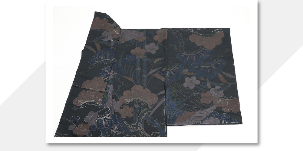 誉田屋源兵衛 絵羽浴衣(ゆかた) 綿 和紙 吉兆亀鶴 黒 黒漆 ◇男女兼用◇