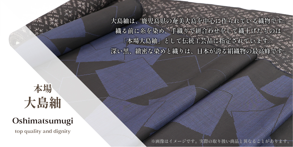 伝統的工芸品 本場大島紬 手織 絹100％ 四角ちらし 黒×青