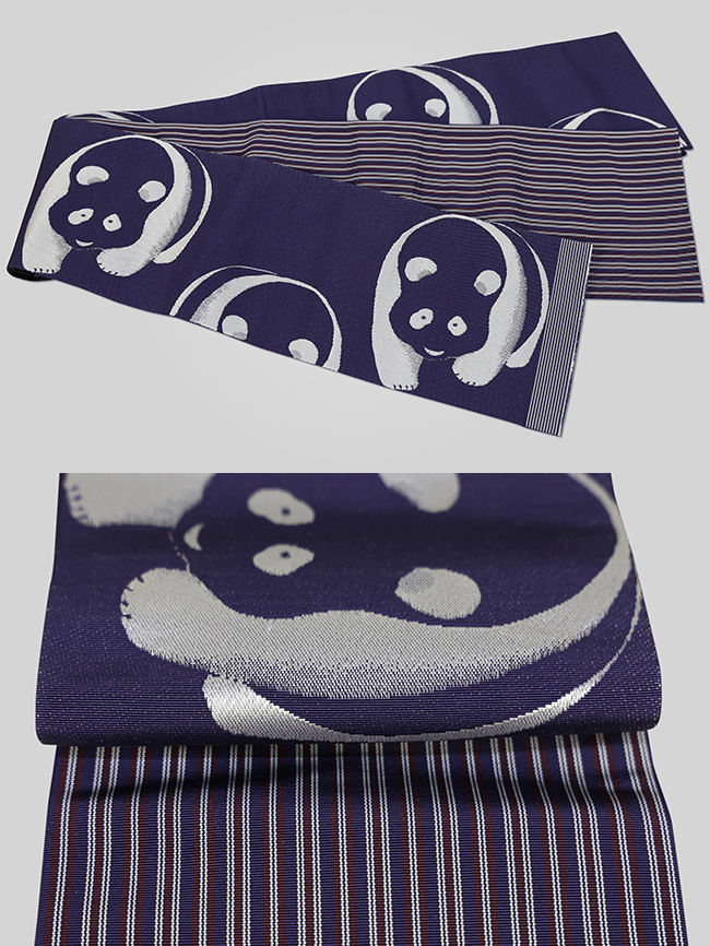 博多織 西村織物 正絹 半幅帯 Rライン 熊猫2 ネイビーブルー パンダ