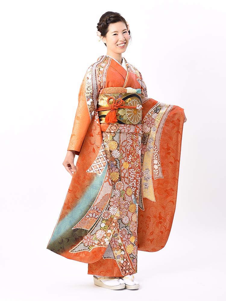 絞り染めの高級振袖レンタル】関芳謹製・熨斗の柄・Lサイズ 朱・品番SK