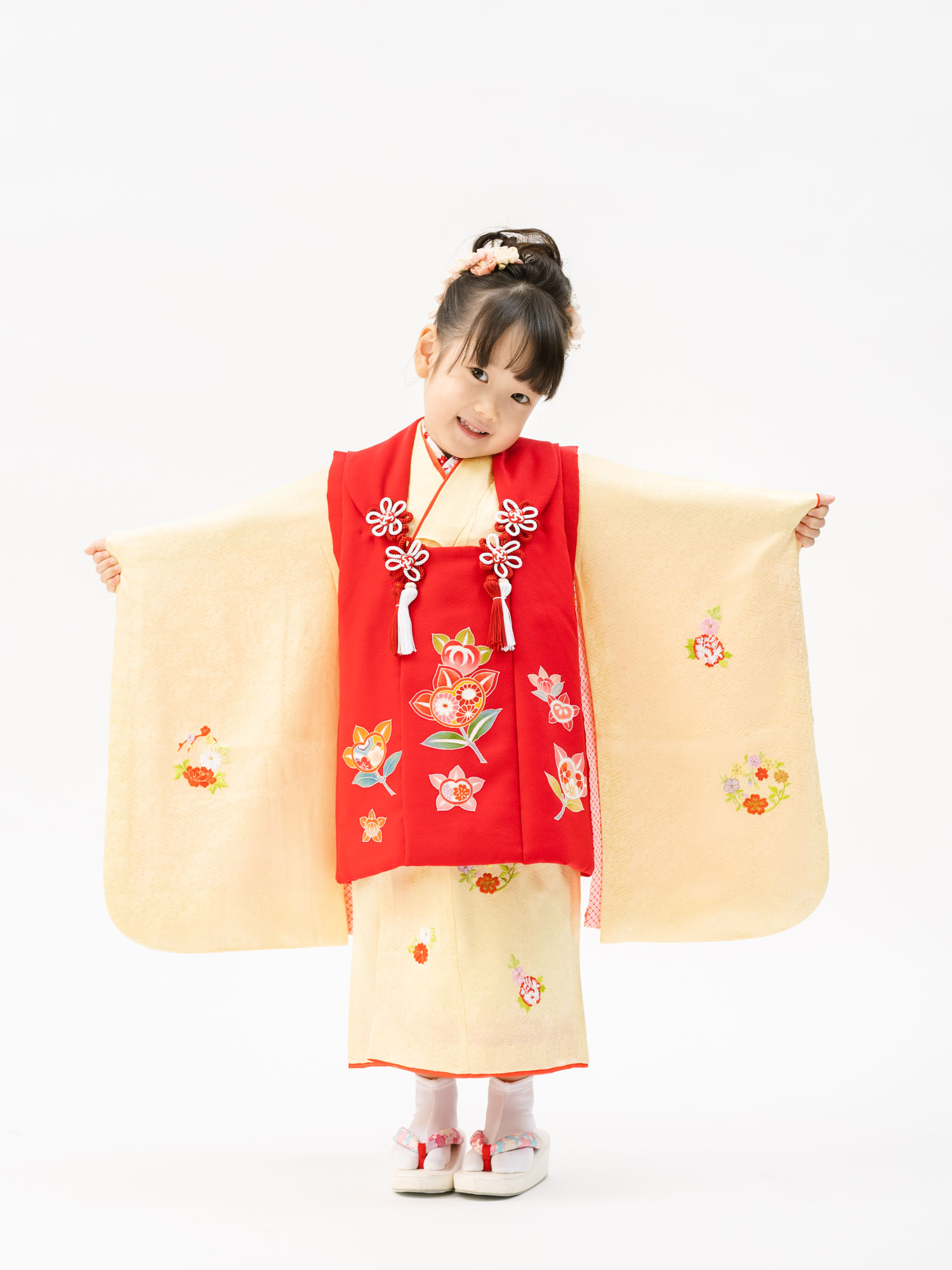 七五三の正絹着物レンタル】 三才の女の子用被布セット 着物：黄色