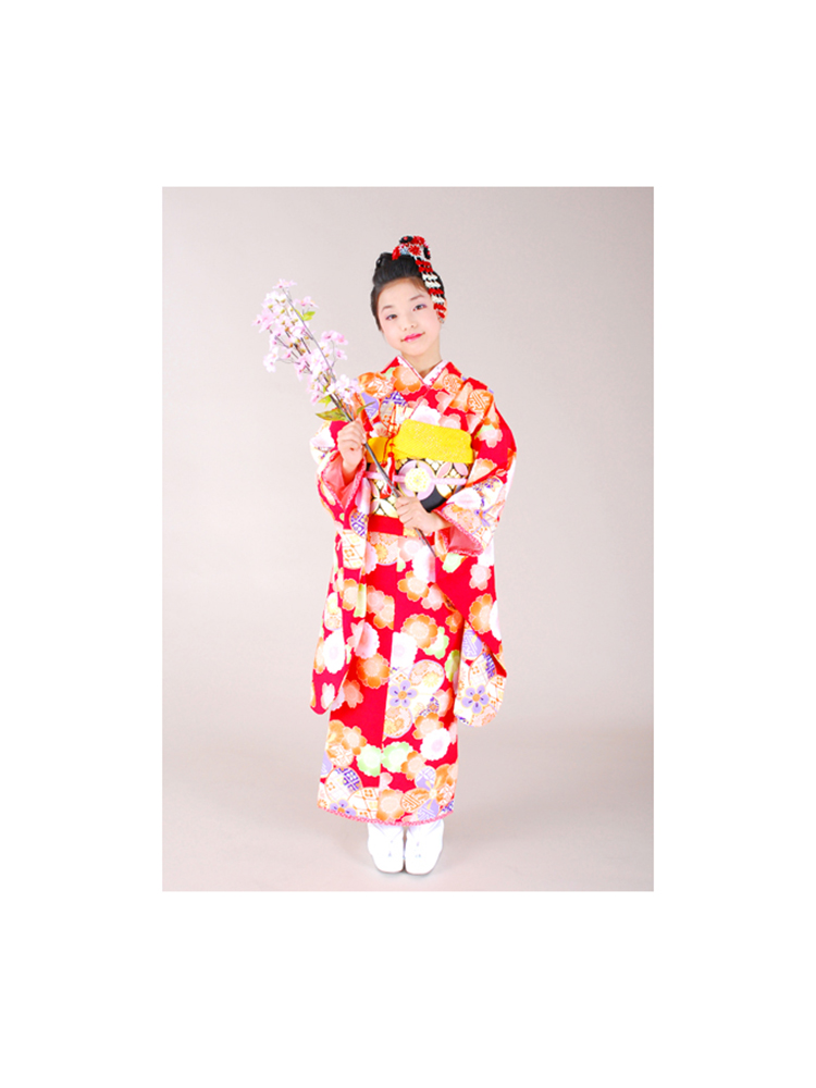 乙葉ブランドの朱色地・十三参り着物レンタル】Sサイズ・品番：otoha1