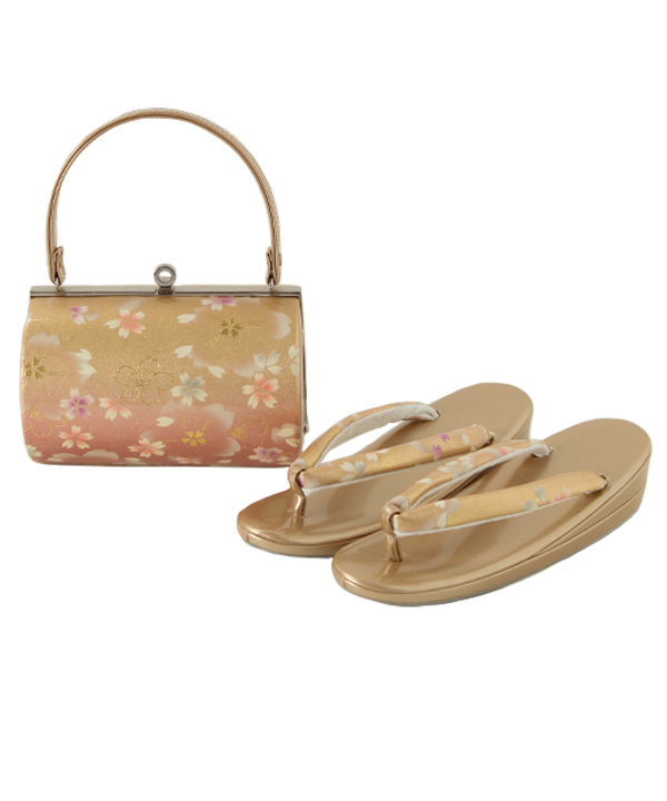 オプション小物レンタル】草履バッグセット 桜柄 ゴールド Lサイズ