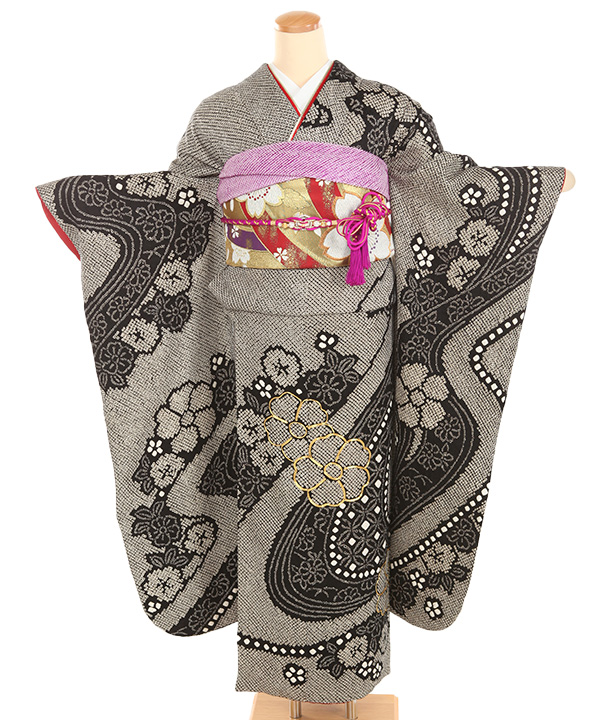 振袖レンタル｜総絞り 黒に桜 金駒刺繍｜F0449｜L｜宅配着物レンタル
