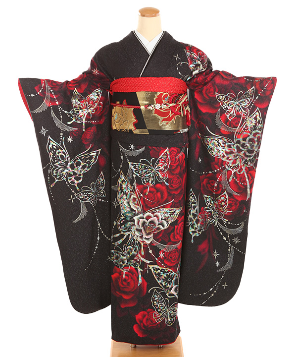 振袖レンタル｜黒に赤薔薇蝶｜F0456｜3L｜宅配着物レンタル・一式フル
