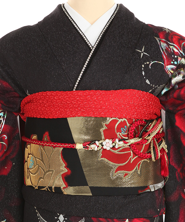 振袖レンタル｜黒に赤薔薇蝶｜F0456｜3L｜宅配着物レンタル・一式フル