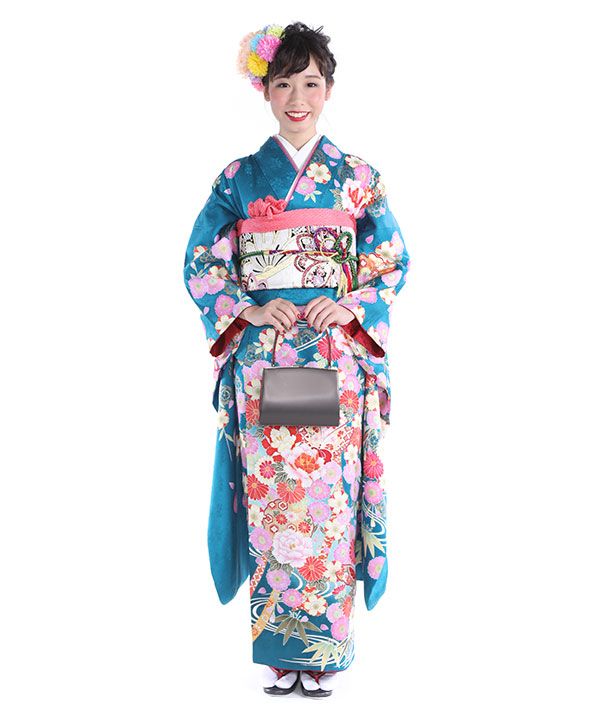 振袖レンタル｜青緑に流水桜牡丹｜F0032｜M｜宅配着物レンタル・一式