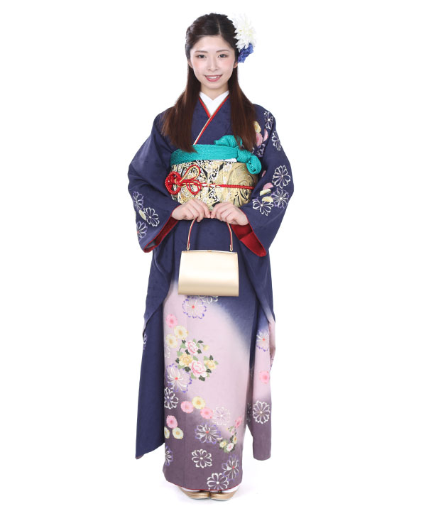 振袖レンタル｜紺にぼかし桜｜F0068｜L｜宅配着物レンタル・一式フル