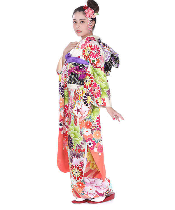 振袖レンタル｜生成色に牡丹丸菊｜F0096｜M｜宅配着物レンタル・一式