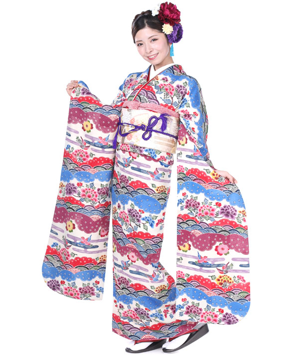 振袖レンタル｜紅型青海波雲取り｜F0154｜LL｜宅配着物レンタル・一式