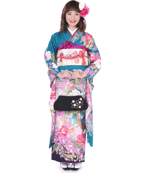 振袖レンタル｜青緑にぼかし薔薇蝶菱｜F0215｜LL｜宅配着物レンタル