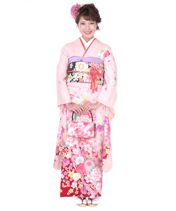 振袖レンタル｜薄ピンクに桜鞠｜F0227｜M｜宅配着物レンタル・一式フル