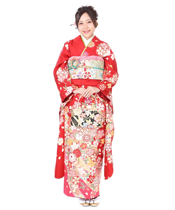 振袖レンタル｜猩々緋に熨斗と桜と御所車｜F0271｜L｜宅配着物レンタル
