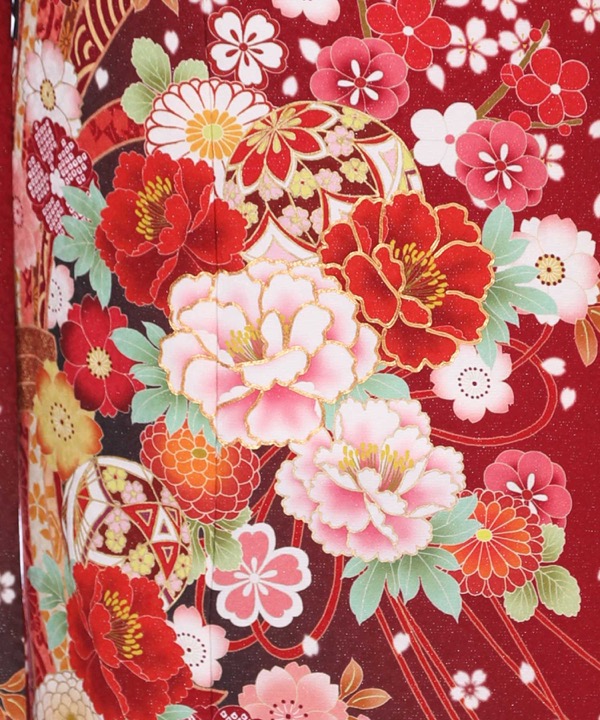 振袖レンタル｜ラメ入りの赤地に熨斗と牡丹と桜｜F0308｜S｜宅配着物