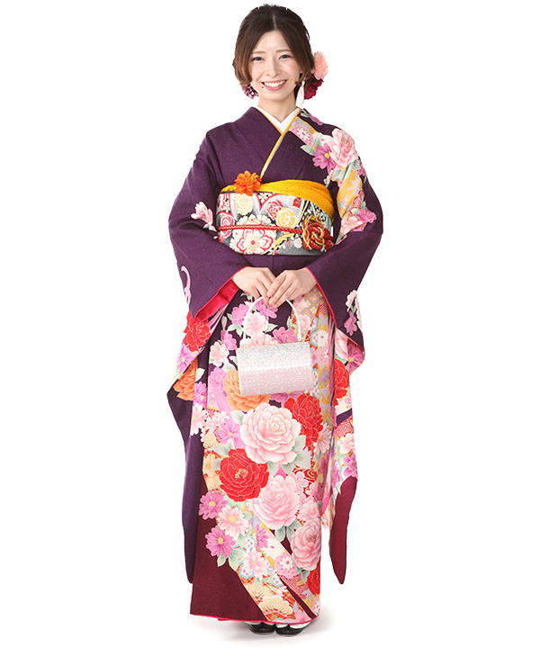 振袖レンタル｜紫に牡丹と熨斗｜F0351｜L｜宅配着物レンタル・一式フル