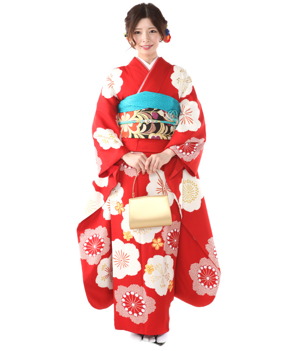 振袖レンタル｜赤に大輪の桜｜F0360｜L｜宅配着物レンタル・一式フル