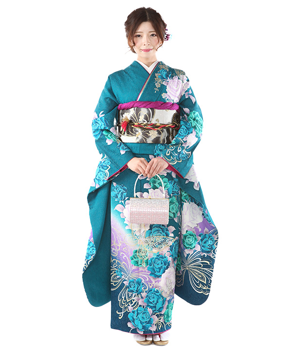 振袖レンタル｜青緑色に蝶と薔薇｜F0390｜3L｜宅配着物レンタル・一式